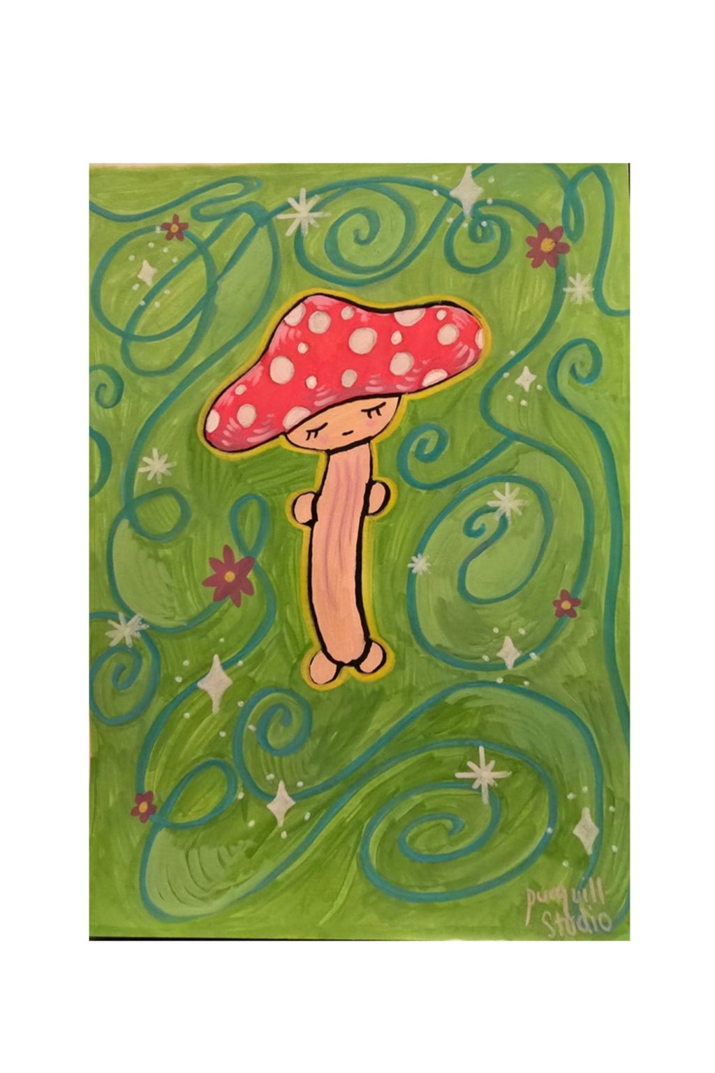Cute Sleepy Mushroom Creature Art Print 5x7 in